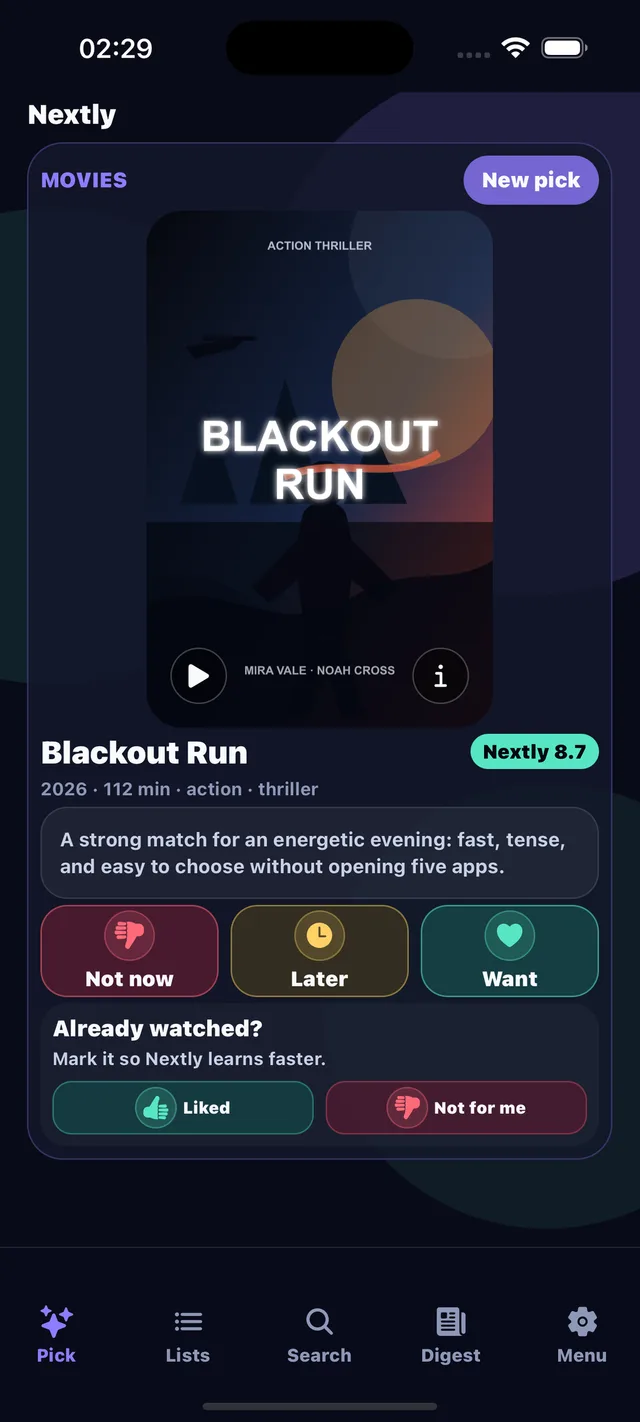 One decision: TheNextly shows a strong option, not a feed of similar cards.