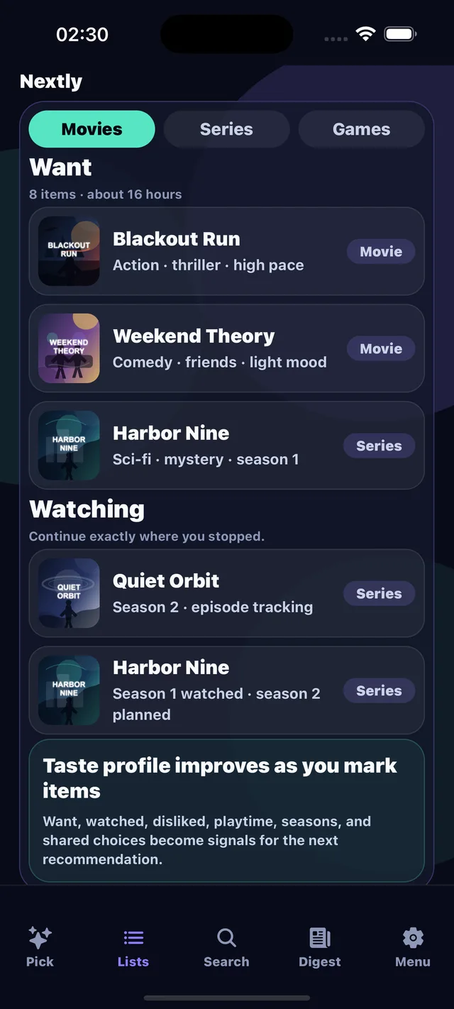 Lists: Want, watching, watched, and taste signals.