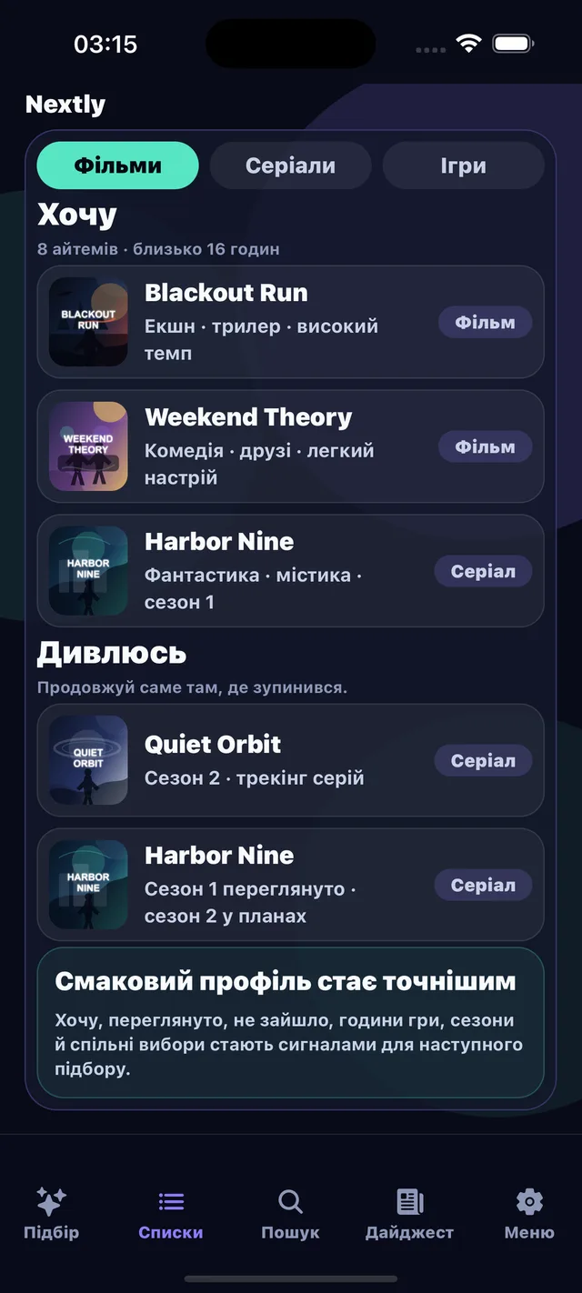 Списки: Хочу, дивлюсь, переглянуто і сигнали смаку.